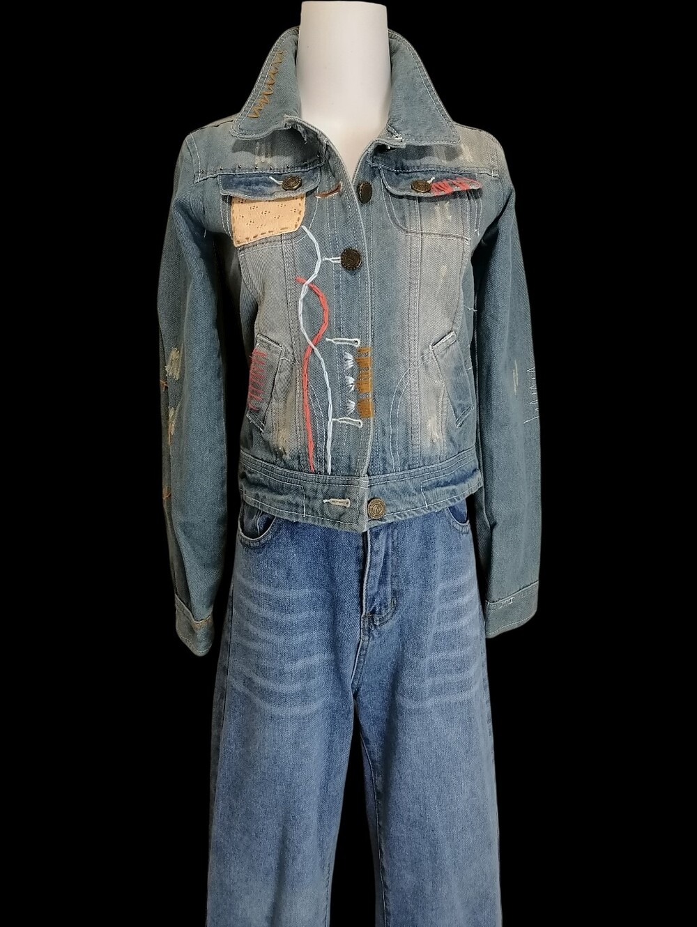 🐭🐭XS, Women's Distressed Blue Denim Jacket with Colorful Stitch Accents